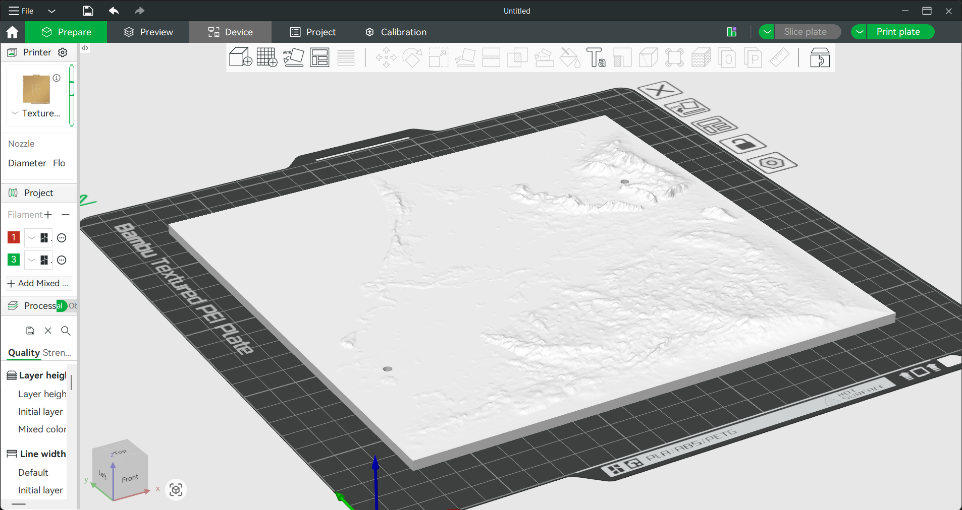 Terrain mesh, 65k faces, watertight, with carved peg holes.